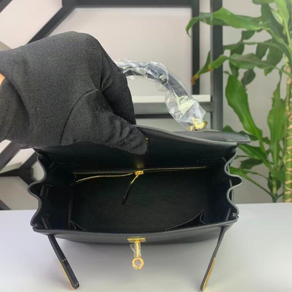 Handmade Genuine Leather Kelly 25 Black Top Handle Bag - Picture 12 of 12